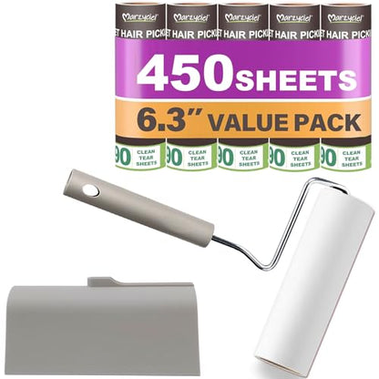 Extra Sticky Large Surface Lint Roller,6.3'' Giant Lint Roller for Pet Hair,5 Rolls 450 Sheets,Long Handle Lint Remover,Easily Remove Carpets, Clothes, Couch and Curtains Dust Cat and Dog Hair Removal - size: 1 Large Roller (Dust Cover) + 450 Sheets