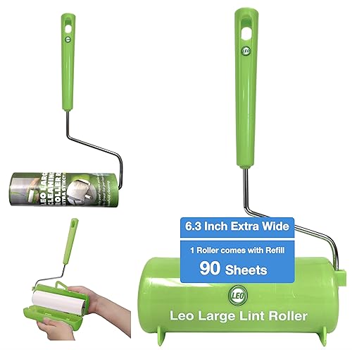 Leo 6.3-Inch Wide Lint Roller with 12-Inch Handle, Dog Hair Roller for Pet Cat Hair Removal, Super Sticky Roll Floor Refill, Leo Cleaning Roller Refill, 1 Roller with 90 Sheets Total, Ergonomic Design - size: 1 Roller