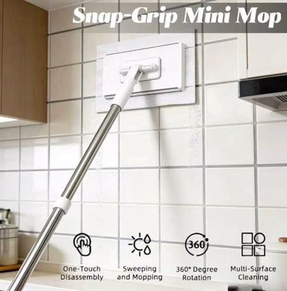Grip Mini Mop, Hands Free Flat Mop with 1-Second Cloth Change, 360° Rotating Head for Walls, Floors, Windows, Corners. Cloth-Changing Mini Cleaning Tool with 10 Reusable Microfiber Cloth