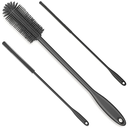 3-in-1 Silicone Bottle Brush and Straw Cleaning Brush Set, Water Bottle Cleaner for Narrow Neck Containers, Tumblers, Flask, Vase and Glassware (Charcoal) - color: Charcoal
