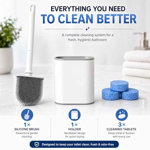 Silicone Toilet Brush and Holder Set with 3 Cleaning Tablets, Quick-Dry Base, Flexible Non-Scratch Bristles, Odor-Free Bathroom Toilet Bowl Cleaner Brush, Compact Space-Saving Design
