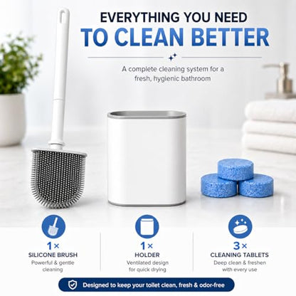 Silicone Toilet Brush and Holder Set with 3 Cleaning Tablets, Quick-Dry Base, Flexible Non-Scratch Bristles, Odor-Free Bathroom Toilet Bowl Cleaner Brush, Compact Space-Saving Design