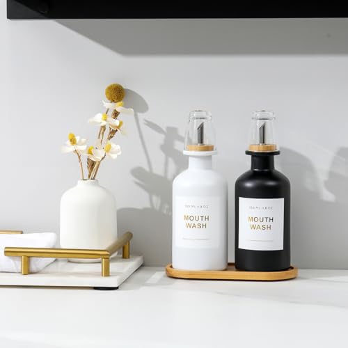 11.8OZ Mouthwash Dispenser for Bathroom with Bamboo & Stainless Steel Pour Spout, Mouthwash Cups Reusable, Bamboo Tray, and Elegant Gold Label. Set of 2（Black/White - color: Black/White/350*2