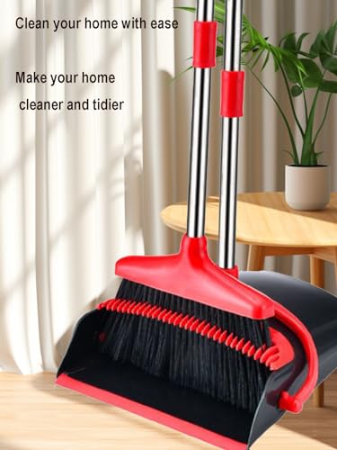 Broom and Dustpan Set, Stand Upright Windproof Dustpan, Long Handle Broom and Dustpan with Teeth for Home Kitchen Room Office Lobby Floor Cleaning (Black+Red)