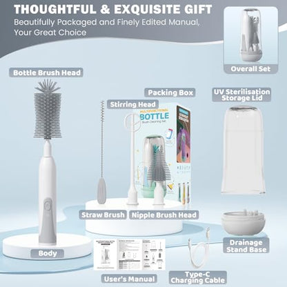 IvyWind Electric Travel Baby Bottle Brush Set with Storage Box, Automatic Bottle Cleaner Brush Kit with Silicone Bottle/Nipple/Straw Brush, Milk Frother Electric and Drainage Rack, Rechargeable, Gray - color: Gray