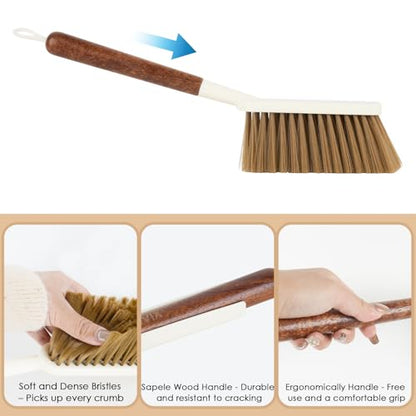 Hand Broom and Dustpan Set,Portable Small Dustpan and Brush Set with Sapele Wood Handle,Teeth Design,Compact Hangable Broom with Dustpan for Cleaning Desktops Kitchen Sofa Pet Hair,Beige