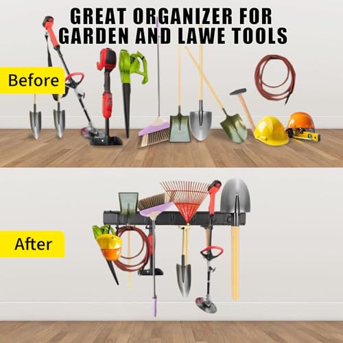 Garvee 64 Inch Garage Tool Organizer Wall Mount, Heavy Duty Garden Tool Storage Organization with 12 Adjustable Hooks, 16 Pack Yard shed Tool Organizer System for Shovel Rake Broom Ladders