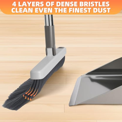 Broom with Dustpan Combo Set, Heavy Duty Standing Metal Dust Pan with Teeth, Indoor Outdoor Up for Home Kitchen Lobby Room Office, Grey - color: Gray
