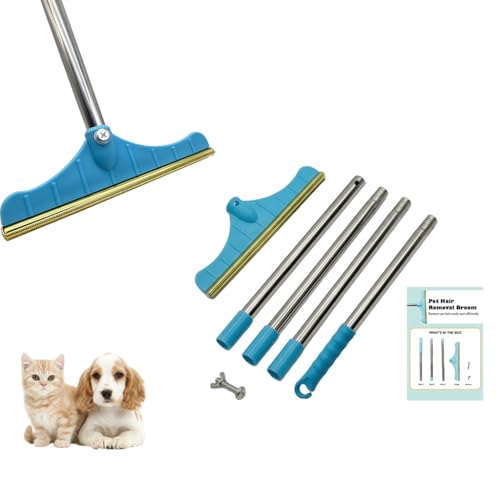 Premium Stainless Steel Pet Hair Removal Carpet Rake | Reusable Adjustable Pet Fur De-Shedding Tool for Carpets, Rugs, Upholstery & Auto Mats | Long Extendable Handle, Heavy-Duty Construction (Blue) - color: Blue