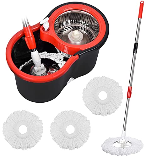 Mop and Bucket Set, 360° Spin Mop and Bucket with Wringer Set and 3 Microfiber Mop Refills, Stainless Steel 61" Extended Handle Spinning Mop Bucket System for Floor Cleaning - color: Black-1