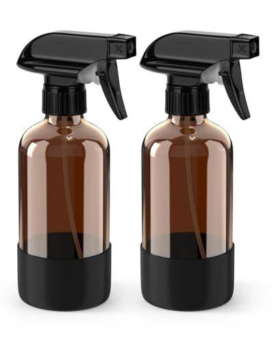 Bontip Glass Spray Bottle with Silicone Sleeve Protection, Amber Glass Spray Bottle Set for Window Cleaner Aromatherapy Facial Hydration Watering Flowers Hair Care 2 Pack/8 oz (Black) - color: Black, size: 8 oz