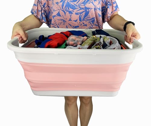 SAMMART 41L (10.8 gallon) Collapsible Plastic Laundry Basket - Foldable Pop Up Storage Container/Organizer - Portable Washing Tub - Space Saving (Grey/Quartz Pink, Rectangular) - color: Grey/Quartz Pink