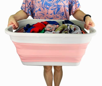SAMMART 41L (10.8 gallon) Collapsible Plastic Laundry Basket - Foldable Pop Up Storage Container/Organizer - Portable Washing Tub - Space Saving (Grey/Quartz Pink, Rectangular) - color: Grey/Quartz Pink