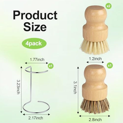 4 Pack Bamboo Dish Brush Set with Holder, 2 Sisal Dish Brushes & 1 Palm Scrub Brush, Natural Kitchen Scrub Brush for Dishes, Pots, Pans, Sink