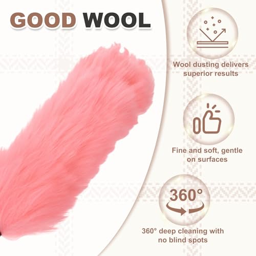 uxcell Wool Duster, 24.4" Natural Feather Cleaner Household Cleaning Duster with Solid Wooden Handle for Cleaning Fans Window Blinds Shelves Furniture, Pink - color: Pink, size: 24.4"
