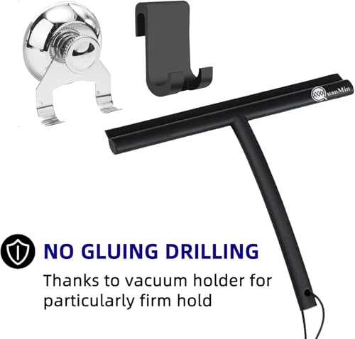 9 Inch Shower Squeegee with Hook & Suction Cup, Stainless Steel Core Silicone Rubber Wiper, Streak-Free Cleaner for Shower Doors, Windows, Mirrors, Tile & Car Glass (Black) - size: Round Head-9 inch