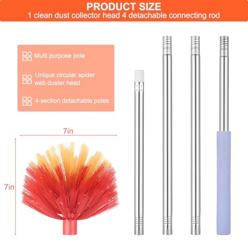Cobweb Duster with Extension Pole, 59" Adjustable Stainless Steel Pole, Washable Duster with Medium-Stiff Bristles for Ceiling Fan, High Ceilings, Blinds, Furniture, Kitchen, and Home Cleaning