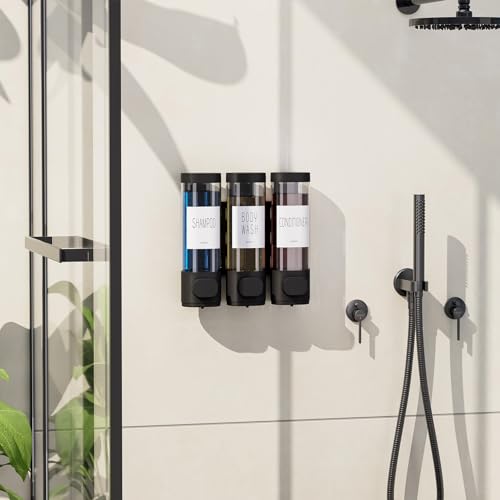 VITVITI Shampoo and Conditioner Dispenser for Shower Wall, Shower Soap Dispenser 3 Chamber No Drill Wall Mounted, 10.2 OZ Plastic Refillable Shower/Body Wash Bottles for Bathroom (Black) - color: Black