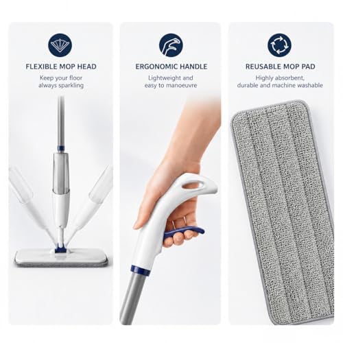 Rsefly Spray Mop for Floor Cleaning, 300 ml Refillable Bottle, 360° Swivel Head with Reusable Microfiber Pad, Lightweight Wet Dry Cleaner for Hardwood, Tile, Laminate and Marble