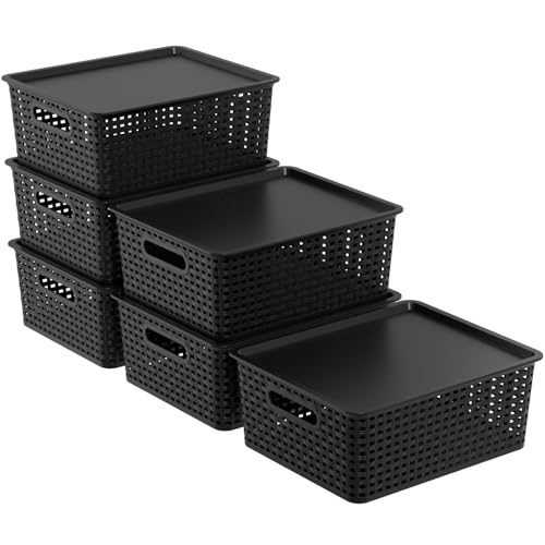 6-Pack Plastic Woven Basket with Lids, Lidded Storage Bin, Black | 14.05" x 11.65" x 5.31", Plastic Material, Carry Handle, Dust-Proof Lid, Ideal for Bedroom Bathroom Kitchen Sundry Sorting - color: Black