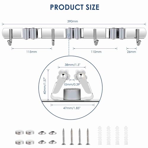 Tool Holder,2 Pack 3 Clip 4 Hook Rack,Steel Anti Rust Wall Mount Multi Function Storage for Kitchen Bathroom Garden Household Cleaning Tool Organizing Accessories