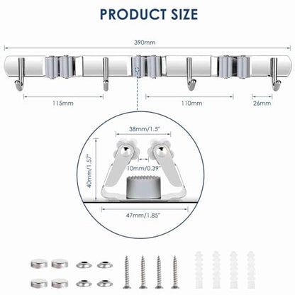 Tool Holder,2 Pack 3 Clip 4 Hook Rack,Steel Anti Rust Wall Mount Multi Function Storage for Kitchen Bathroom Garden Household Cleaning Tool Organizing Accessories