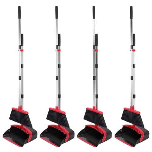 NACENA Broom and Dustpan Set, 52-in Long Adjustable Handle Broom Dustpan Combo with Dustpan Teeth to Automatically Clean Hair Suitable for Home Kitchen Office Hall Floor (Black&Red), 4 Pack - color: Black-red, size: 4 Pack