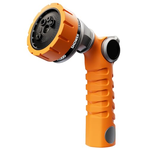 RESTMO Heavy Duty Hose Nozzle, Metal Garden Water Hose Sprayer with 7 Watering Patterns, Thumb Control, On Off Valve, High Pressure Nozzle Sprayer for Watering Plants, Car and Pet Washing, Orange - color: Orange