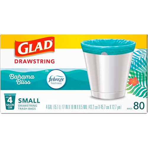 Glad Small Trash Bags 4 Gallon, Febreze Bahama Bliss Garbage Bags, Odor Resistant with Drawstring, 80 Count (Pack of 2) - size: 80 Count (Pack of 2)
