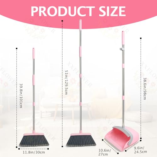 Broom and Dustpan Set, Dustpans with Broom Combo for Home, Heavy Dust Broom and Dustpan Combo, Long Handle Dust Pan and Broom Set for Kitchen, Office, Pet Hair(Gray Pink) - color: Pink 1-pack