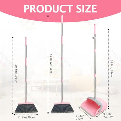 Broom and Dustpan Set, Dustpans with Broom Combo for Home, Heavy Dust Broom and Dustpan Combo, Long Handle Dust Pan and Broom Set for Kitchen, Office, Pet Hair(Gray Pink) - color: Pink 1-pack