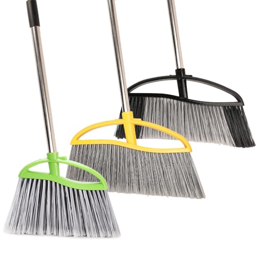 3 Pack Wide Heavy Duty Angle Broom - Stiff Bristle Outdoor Brooms for Sweeping Patio, Garden, Garage, Yard (Black, Yellow, Green) - color: Black, Yellow, Green