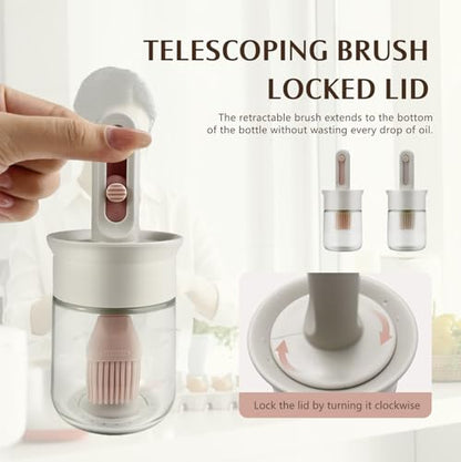 2 Pack Oil Dispenser with Brush, Glass Olive Oil Dispenser Bottle with Telescoping Silicone Basting Brush and Locked Lid for Kitchen Cooking Vinegar Sauce BBQ Grill Frying (White+Pink)