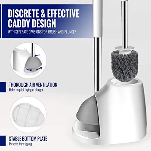 True Fresh Toilet Brush and Plunger Set with Holder Caddy -Stainless Steel Brush and Toilet Plunger for Heavy Duty -2-in-1 Scrubber Combo with Hidden Tweezer & Extendable Plastic Handle