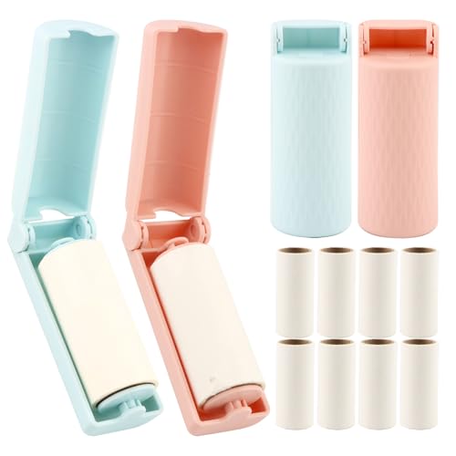 12 Pack Foldable Travel Lint Roller, Washable Foldable Lint Remover, Portable Cleaning Roller with 4 Handles & 8 Refills, Reusable Pet Hair Remover for Clothes with Protective Cover