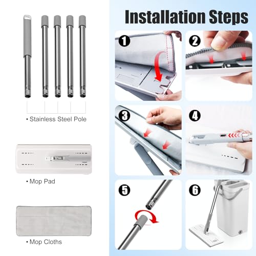 Flat Mop and Bucket with Wringer Set, Hands-Free Floor Mop and Bucket with 3 Reusable Washable Microfiber Pads and 66" Stainless Steel Handle, Wet and Dry Use for Home Floor Cleaning - color: Gray