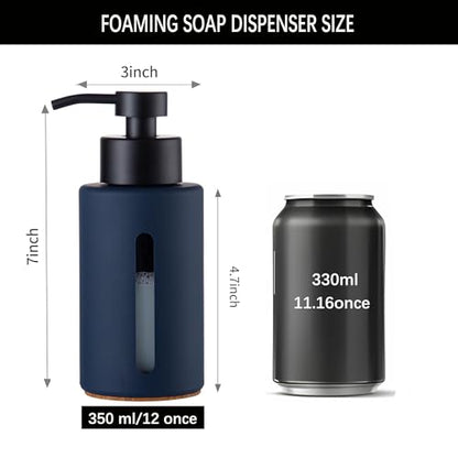 Enra Thick Glass Foaming Soap Dispenser with Clear Window,12oz Blue Bathroom Soap Dispenser with Stainless Steel Pump, Modern Boho Refillable Pump Bottle for Bathroom Kitchen (Foam-Blue) - color: Blue Foam Dispenser