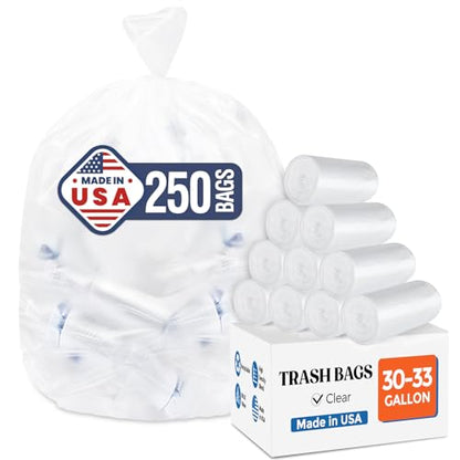 DELXO 30-33 Gallon Trash Bags, 250 Count Light to Medium Large Clear Garbage Bags, Thick Durable and Puncture-Resistant Plastic Bags for Kitchens, Yards & Offices, Made in USA - color: 33Gal-250Ct(Clear)