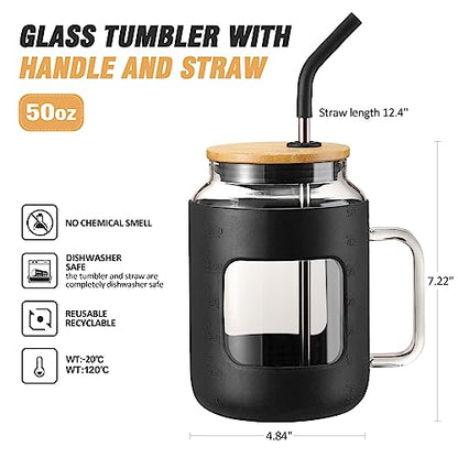 WINSA 50 oz Glass Water Bottles with Silicone Sleeve,Glass Tumbler with Lid and Straw,Iced Coffee Cup with Handle,BPA Free-Black - color: Black