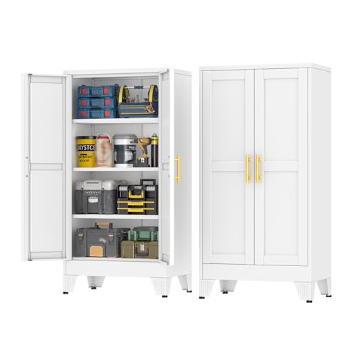 pozdeg 47.25" Metal Garage Storage Cabinet, Heavy Duty Steel Tool Cabinet with 2 Doors & 3 Adjustable Shelves, Freestanding Organizer Cabinet for Garage Home Office Basement (White) - color: White, size: 47.25"H