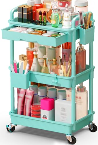 SUNALLY Makeup Cart Organizer with Drawers, Floor Skincare Organizers Vanity Storage Organizer, Rolling Makeup Bathroom Storage Cart Cosmetics Display Cases for Skin Care Perfume Nail Polish, Blue - color: Blue, size: 3 Tier