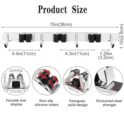 3 Racks and 4 Hooks Broom and Mop Holder Wall Mounted Garage Organizer Storage Tool Racks Stainless Steel Heavy Duty Hooks Self Adhesive Solid Non-slip Wall Hangers for Home Kitchen Garden Laundry - color: 3 Racks & 4 Hooks (Silver) - 1 Pack