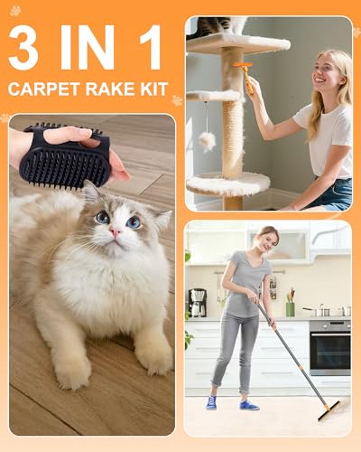 3 in 1 Carpet Rake for Pet Hair Removal Tool, 51” Adjustable Long Handle Pet Hair Removal Broom, Pet Grooming Brush, Cat Dog Hair Remover Carpet Scraper for Rugs, Mats - color: Orange-Black