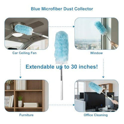 Microfiber Duster for Cleaning, Extendable Pole, Up to 30 Inch Reachable, Cleaning Tools for Car, Ceiling Fan, Window, Furniture, Office(Blue) - color: Blue