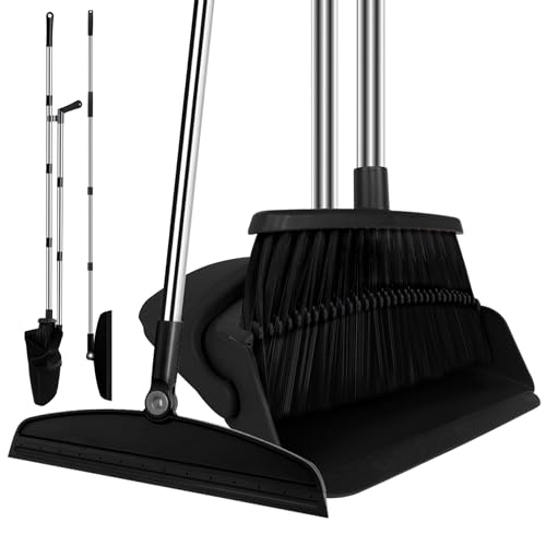 Broom with Dustpan Combo Set and Silicone Air Broom Kit, 51" Long Handle Floor Squeegee, Black Household Kit for Glass Window Rugs Pet Hair Home - color: Black