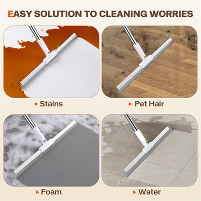 Silicone Squeegee for Floor, 180° Rotating Squeegee Broom, Floor Squeegee with a Long Handle, Squeegee for Water and Pet Hair Removal on Bathroom Floors, Tile, Glass, Indoor Window Cleaning Tool - size: 16in | 4-Section Pole (62in) | No Pad