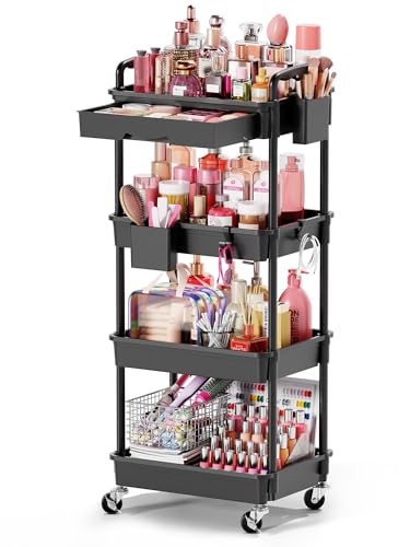 Goovilla Rolling Makeup Organizer Cart with Removable Drawer, 4 Tier Stable Black Floor Skincare Storage Cart for Vanity, Cosmetic Display, Nail Polish, Perfume, Hair Stuff, Beauty, Bathroom(Plastic) - color: Black, size: 4 Tier