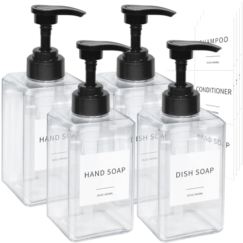 Clear Soap Dispenser with Waterproof Labels, Thickened Plastic Hand Soap Dispenser for Bathroom, Kitchen Dish Washing Liquid Bottles, Shampoo and Conditioner Bottles with Funnel (15oz 4Pack Clear) - color: 15oz 4pack Clear