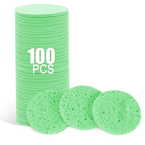 100-Count Facial Sponges Compressed Natural Cellulose Sponge Round Shape Face Sponge for Face Cleansing Exfoliating and Makeup Removal, Green - color: 100- Pack Green