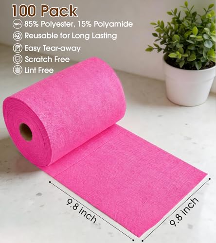 KitchLife Microfiber Cleaning Cloth Roll, 100 Pack - Tear-Away Microfiber Paper Towels, Lint-Free, Reusable, Washable for Kitchen, Car, Dishes, and Sensitive Surfaces (Hot Pink) - color: Hot Pink, size: 100 Pack